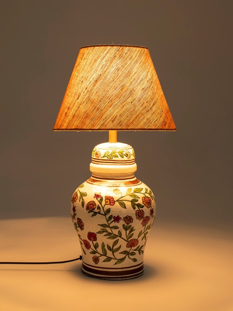 

Fabindia Off-White & Yellow Floral Printed Terracotta Bedside Table Lamp