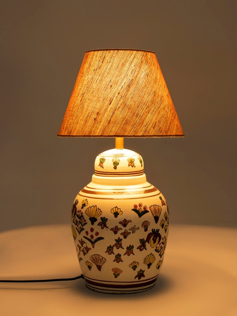 

Fabindia Beige & Green Ethnic Motifs Printed Bedside Table Lamp, White
