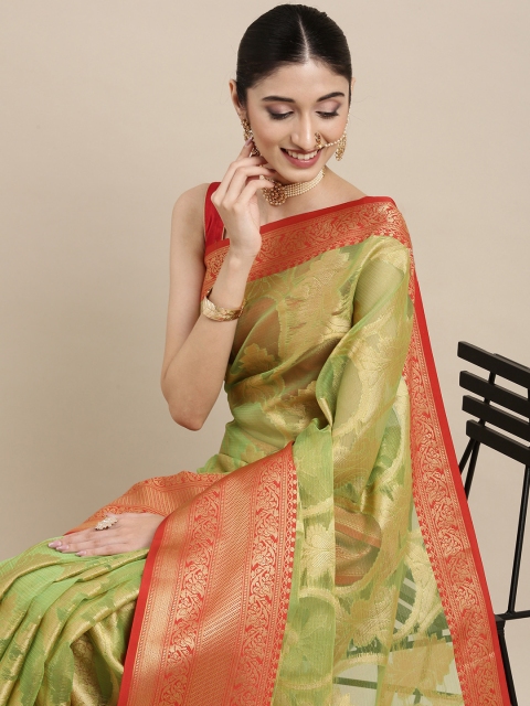 

PERFECTBLUE Green & Red Ethnic Motifs Silk Blend Saree