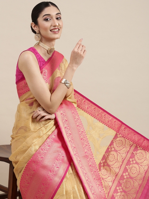 

PERFECTBLUE Beige & Pink Ethnic Motifs Silk Blend Saree