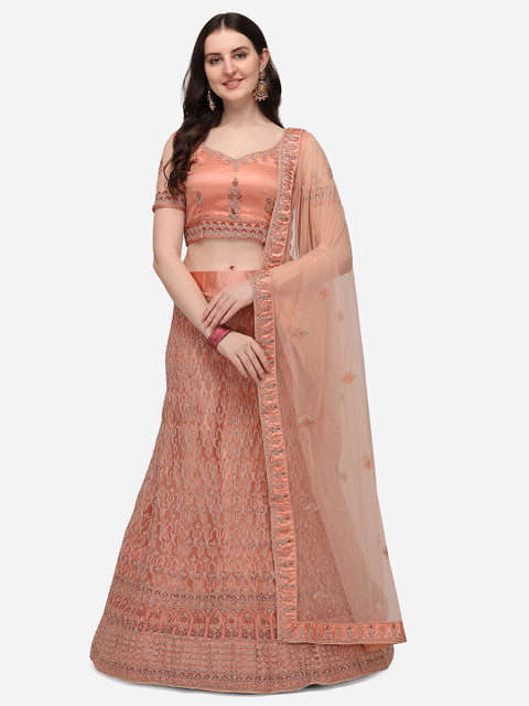 

VRSALES Peach-Coloured & Maroon Embroidered Semi-Stitched Lehenga & Unstitched Blouse With Dupatta