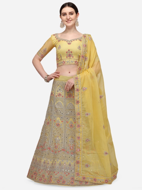 

VRSALES Cream-Coloured & Yellow Embroidered Mirror Work Semi-Stitched Lehenga & Unstitched Blouse With