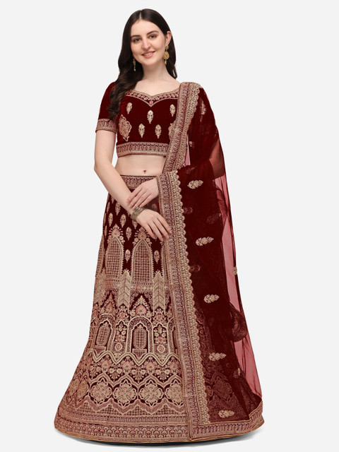 

VRSALES Women Maroon Embroidered Semi-Stitched Lehenga & Unstitched Choli with Dupatta