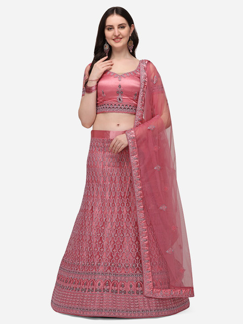 

VRSALES Pink & Silver-Toned Semi-Stitched Net Lehenga & Unstitched Blouse With Dupatta
