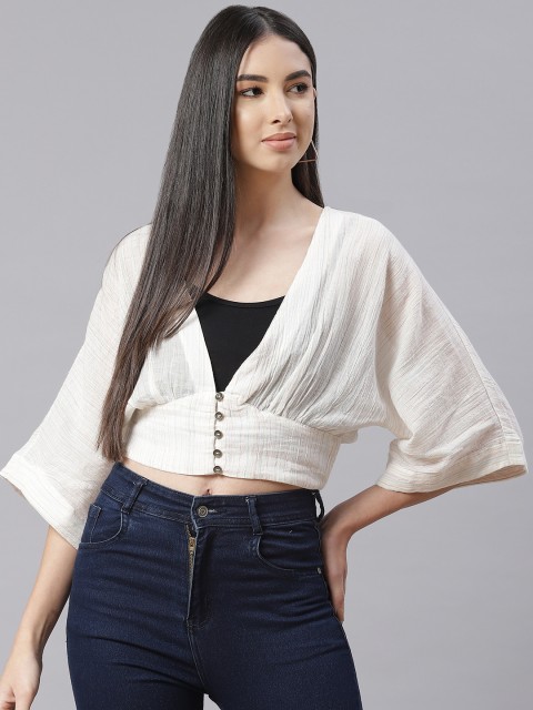 

I AM FOR YOU White Pure Cotton Striped Crop Top