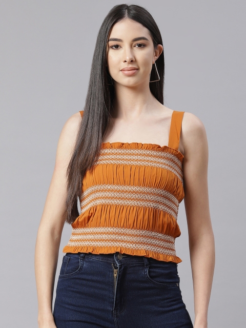 

I AM FOR YOU Mustard Yellow & White Embroidered Cinched Waist Crop Top