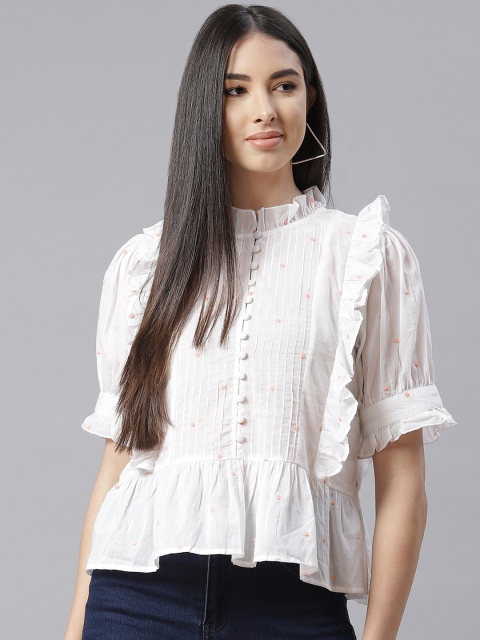 

I AM FOR YOU White & Peach-Coloured Embroidered Pure Cotton Mandarin Collar Top