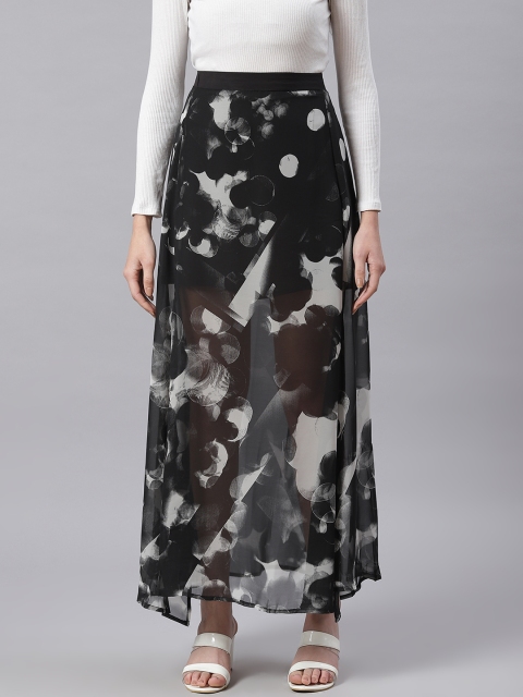 

I AM FOR YOU Women Black & White Abstract Print High Slit Maxi Skirt