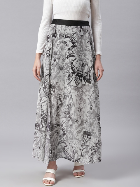 

I AM FOR YOU Women Grey & White Abstract Print High Slit Maxi Skirt