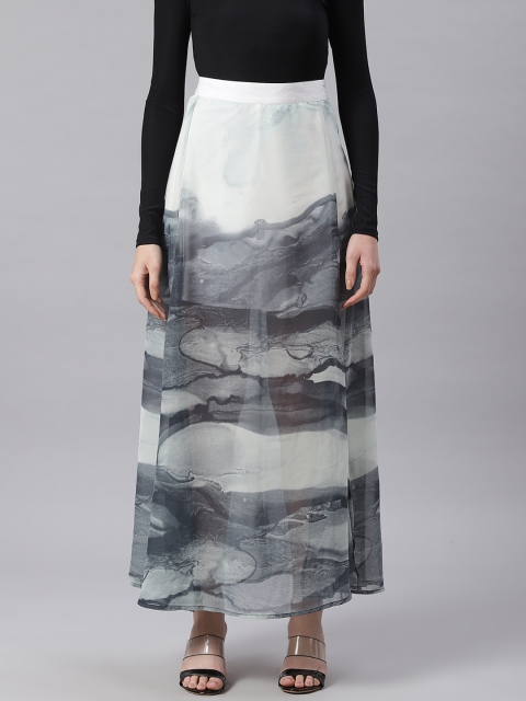 

I AM FOR YOU Women White & Grey Abstract Print High Slit Maxi Skirt