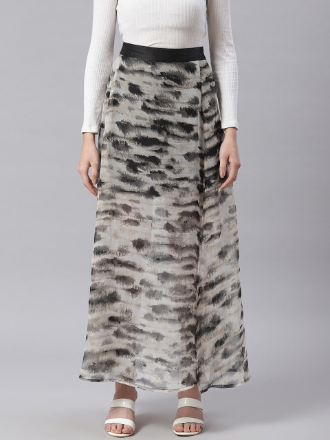 

I AM FOR YOU Women Black & Taupe Abstract Print High Slit Maxi Skirt