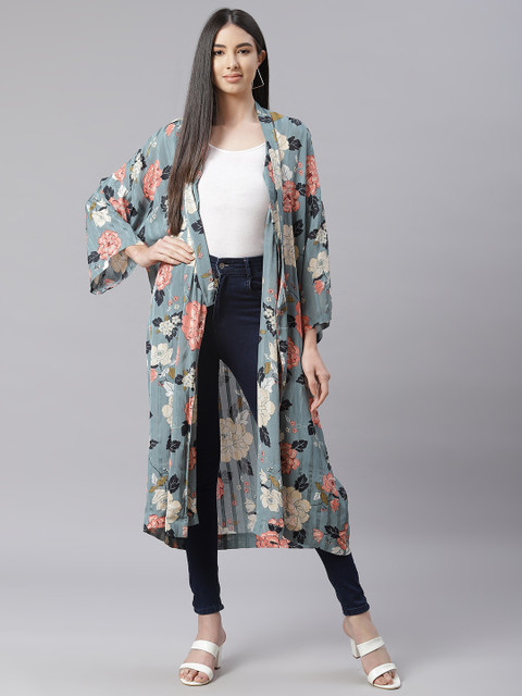 

I AM FOR YOU Women Sea Green & Peach-Coloured Printed Shrug