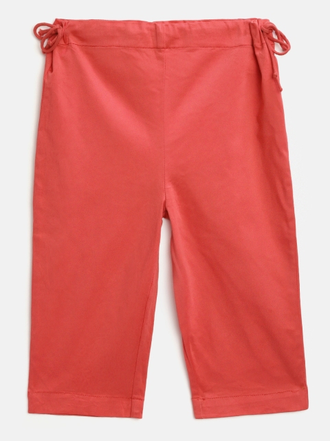 

I AM FOR YOU Girls Coral Pink Solid Loose Fit Mid-Rise Cotton Chino Shorts