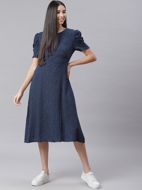 

I AM FOR YOU Navy Blue & White Printed Crepe A-Line Midi Dress