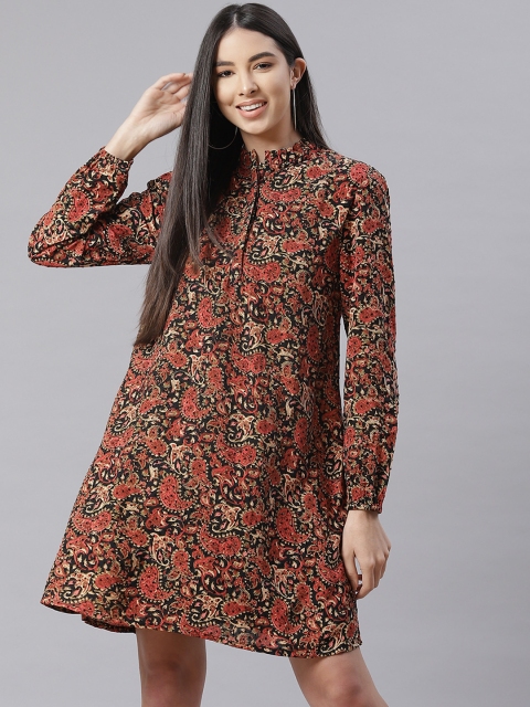 

I AM FOR YOU Black & Rust Red Ethnic Motifs Printed Pure Cotton A-Line Dress
