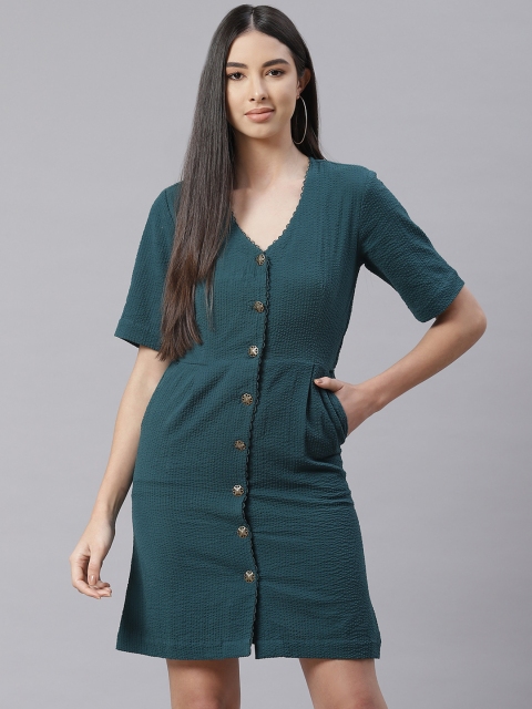 

I AM FOR YOU Teal Green Self Design Pure Cotton A-Line Dress
