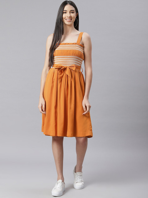 

I AM FOR YOU Mustard Yellow Solid Crepe A-Line Dress