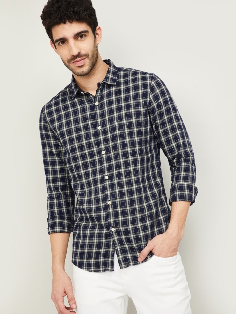 

Forca by Lifestyle Men Navy Blue Slim Fit Grid Tattersall Checks Opaque Cotton Casual Shirt