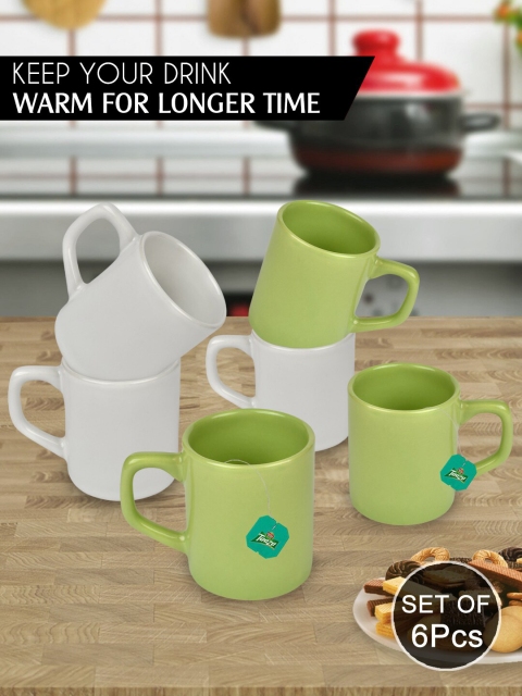 

URBAN CHEF Set Of 6 White & Green Solid Ceramic Glossy Cups