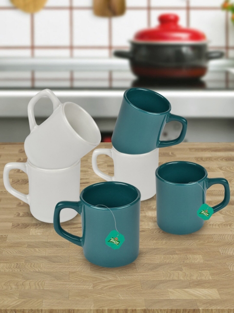 

URBAN CHEF Set Of 6 White & Green Solid Ceramic Glossy Cups