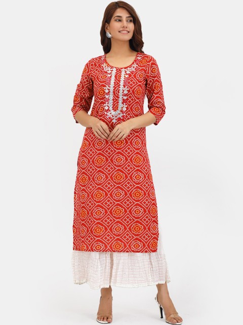 

Do Dhaage Women Red & White Bandhani Printed Mirror Work Pure Cotton Kurta