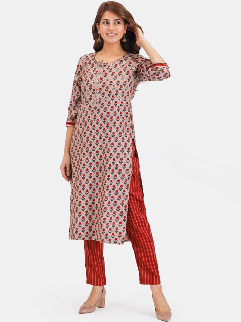 

Do Dhaage Women Beige & Red Floral Printed Regular Kurta with Trousers