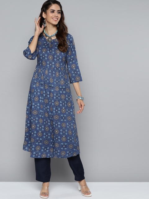 

HERE&NOW Women Navy Blue Floral Printed Keyhole Neck Cotton Kurta