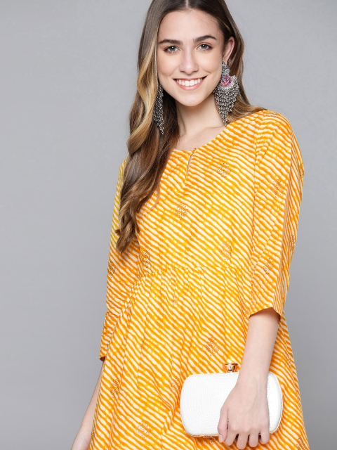 

HERE&NOW Women Mustard Yellow Pure Cotton Striped Kurta with Palazzos