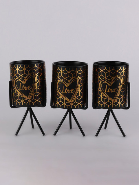 

Ferns N Petals Set Of 3 Black & Gold-Toned Printed Ceramic Planters