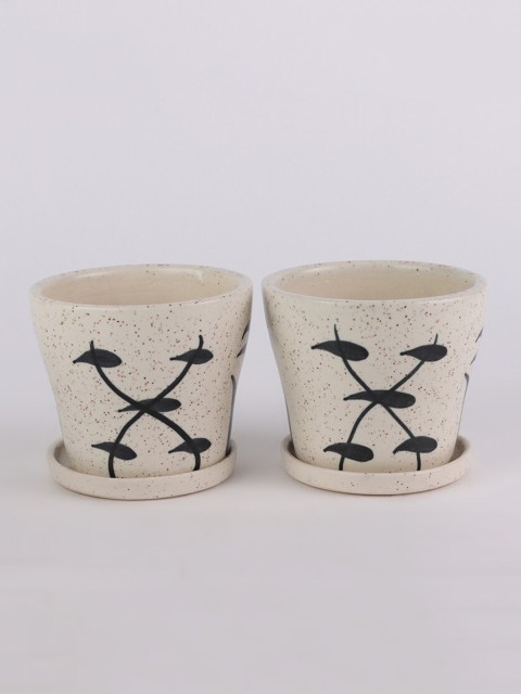 

Ferns N Petals Set Of 2 White & Black Printed Ceramic Planters