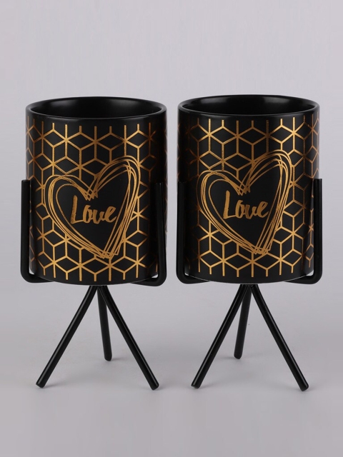 

Ferns N Petals Set Of 2 Black & Gold Printed Ceramic Planters