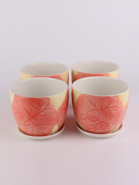 

Ferns N Petals Set Of 4 Pink & Yellow Printed Ceramic Planters