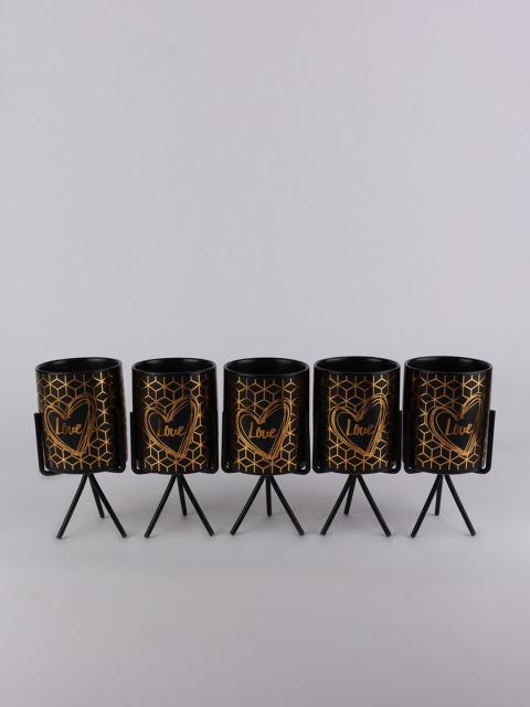 

Ferns N Petals Set Of 5 Black & Gold-Toned Printed Ceramic Planters