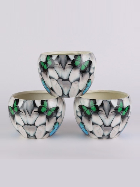 

Ferns N Petals Set Of 3 White & Green Printed Metal Planters