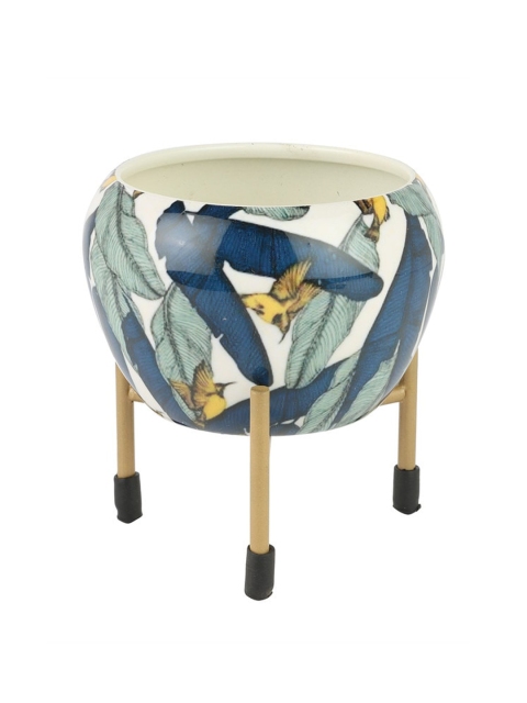 

Ferns N Petals Blue & Yellow Printed Metal Planter With Stand