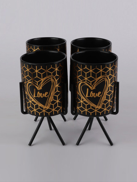 

Ferns N Petals Set Of 4 Black & Gold Printed Ceramic Planters With Stand