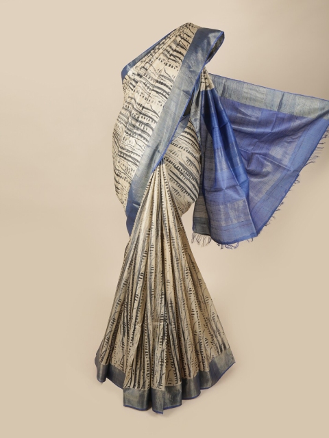 

Pothys Cream-Coloured & Blue Zari Pure Silk Saree