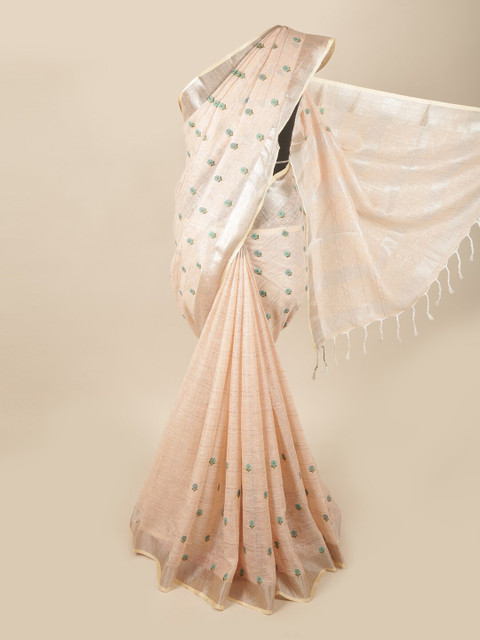 

Pothys Peach-Coloured & Green Floral Embroidered Linen Blend Saree