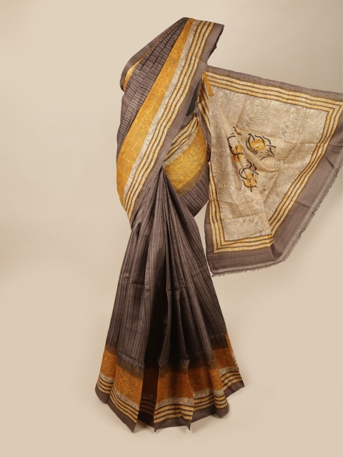 

Pothys Brown & Mustard Floral Printed Pure Silk Saree