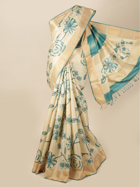 

Pothys Cream-Coloured & Teal Floral Zari Pure Silk Saree
