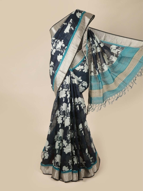 

Pothys Navy Blue & White Floral Zari Pure Silk Saree