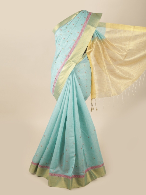

Pothys Blue & Gold-Coloured Ethnic Motifs Embroidered Linen Blend Saree