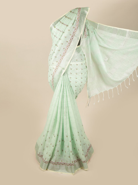 

Pothys Green & Pink Ethnic Motifs Zari Linen Blend Saree