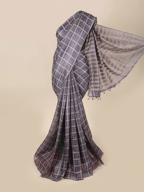 

Pothys Blue & Grey Checked Pure Silk Saree