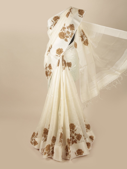 

Pothys White & Brown Floral Printed Pure Silk Saree