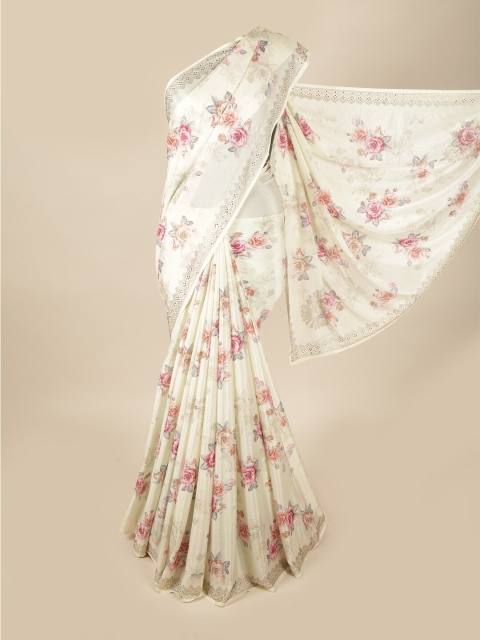 

Pothys Cream-Coloured & Pink Floral Saree