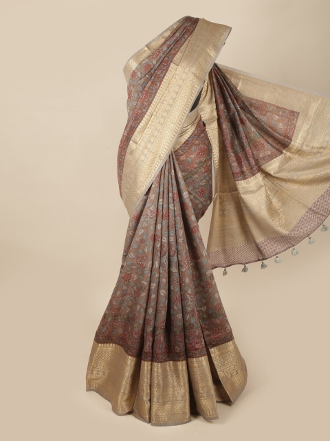 

Pothys Grey & Gold-Toned Floral Zari Pure Silk Saree