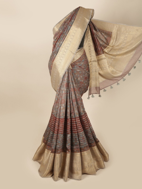 

Pothys Grey & Maroon Floral Zari Pure Silk Saree
