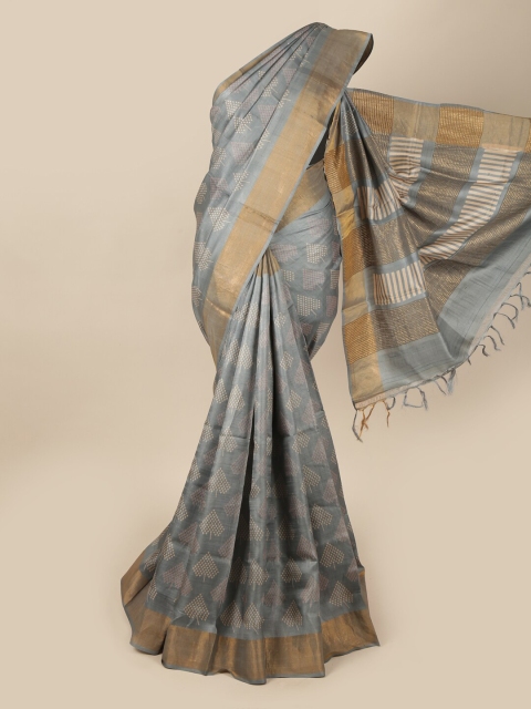 

Pothys Grey & Gold-Toned Ethnic Motifs Zari Pure Silk Saree