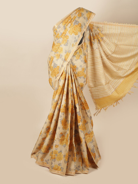 

Pothys Cream-Coloured & Yellow Floral Printed Pure Silk Saree